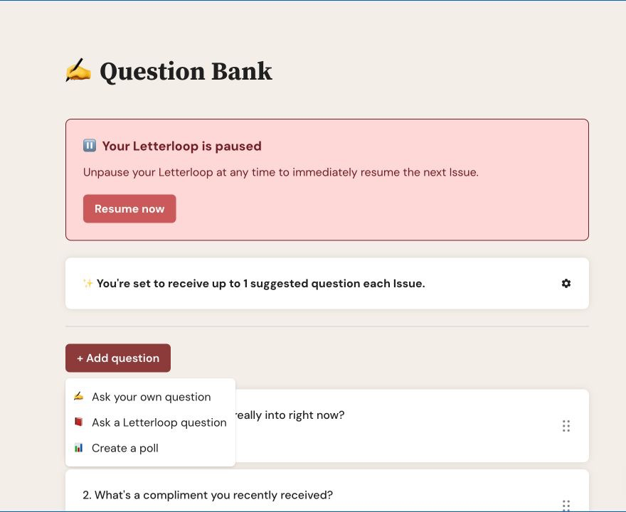 Letterloop Question Bank on web with the + Add question menu open and its three options.