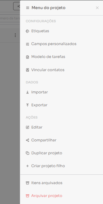 Padronização dos menus de projetos e tarefas