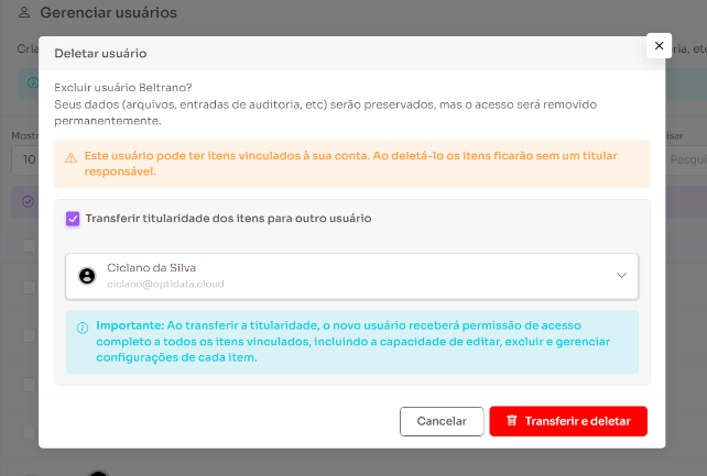 Transferência de titularidade ao excluir usuários