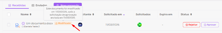 Indicação de documento modificado em aprovações