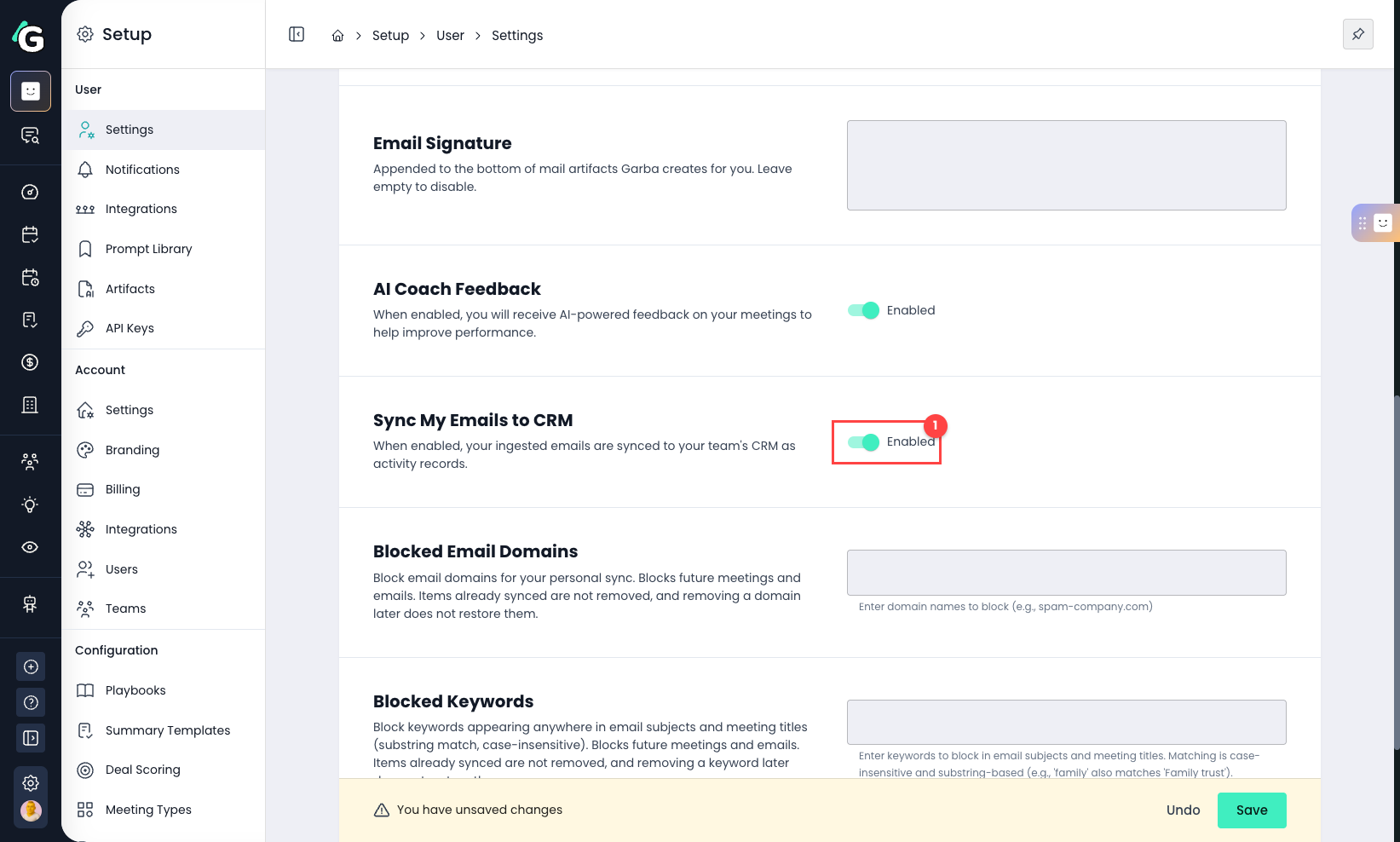 The Sync My Emails to CRM toggle in User Settings