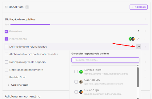 Atribuição de responsáveis em itens de checklist
