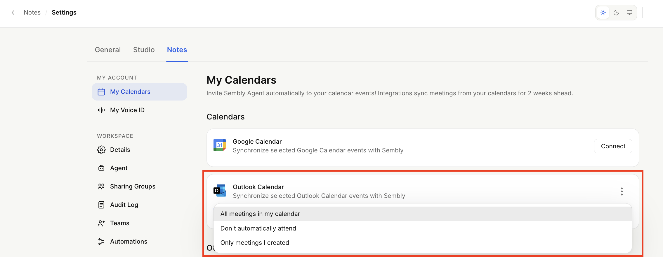 The Notes Settings > My Calendars screen shows Outlook Calendar attendance options in an open dropdown outlined in red. Visible: Notes, Settings, General, Studio, My Calendars, My Voice ID.