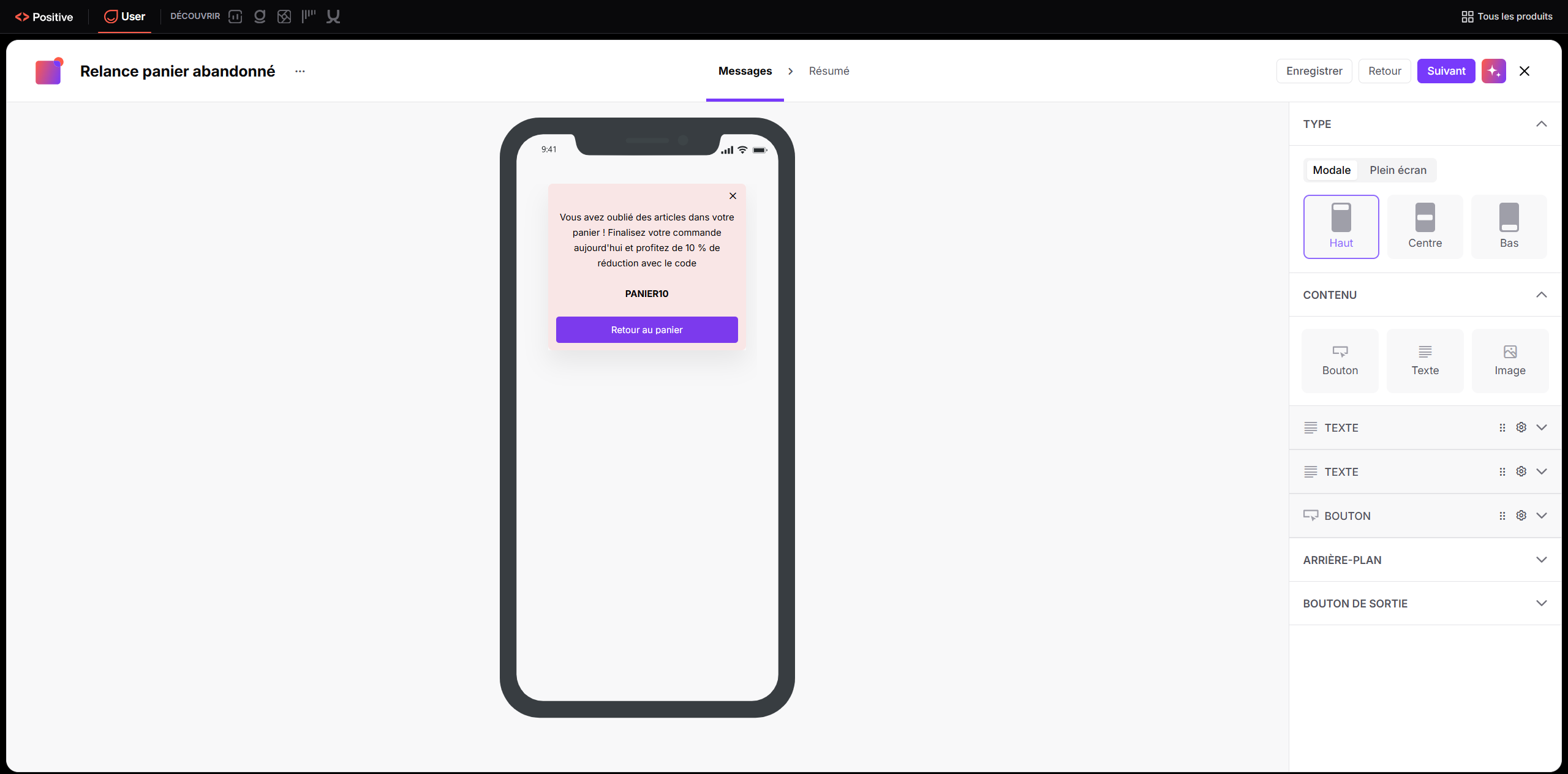 Éditeur du message « Relance panier abandonné » avec aperçu mobile d’une fenêtre modale et ses réglages de type et de contenu à droite. Visible: Relance panier abandonné, Messages, Résumé, Enregistrer, Retour, Suivant.