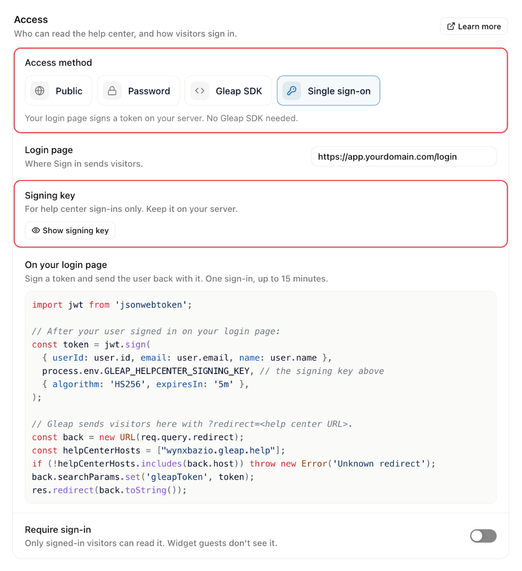 Help center Access settings with Single sign-on picked and the signing key hidden behind Show signing key