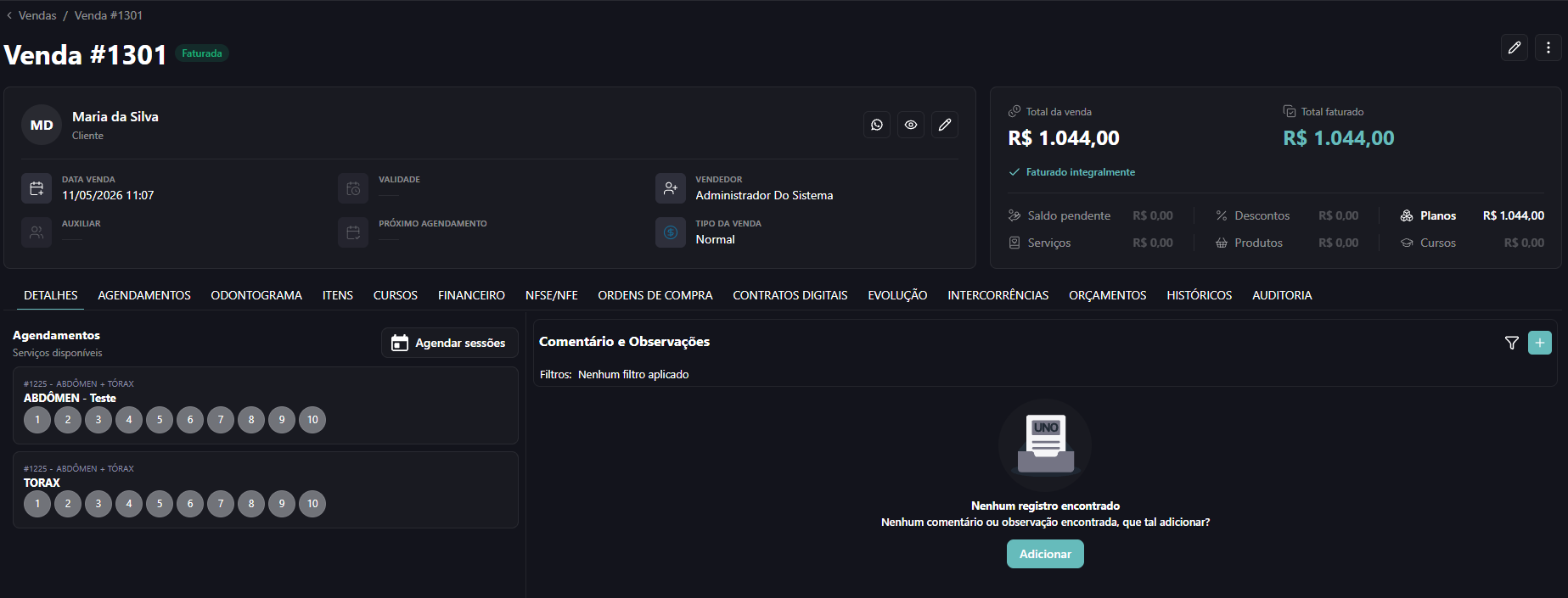The Faturada sale details screen for Venda #1301 shows customer and billing summaries, appointments, and an empty Comentário e Observações section. Visible: Vendas, Venda #1301, Faturada, Maria da Silva, DATA VENDA, 11/05/2026 11:07.