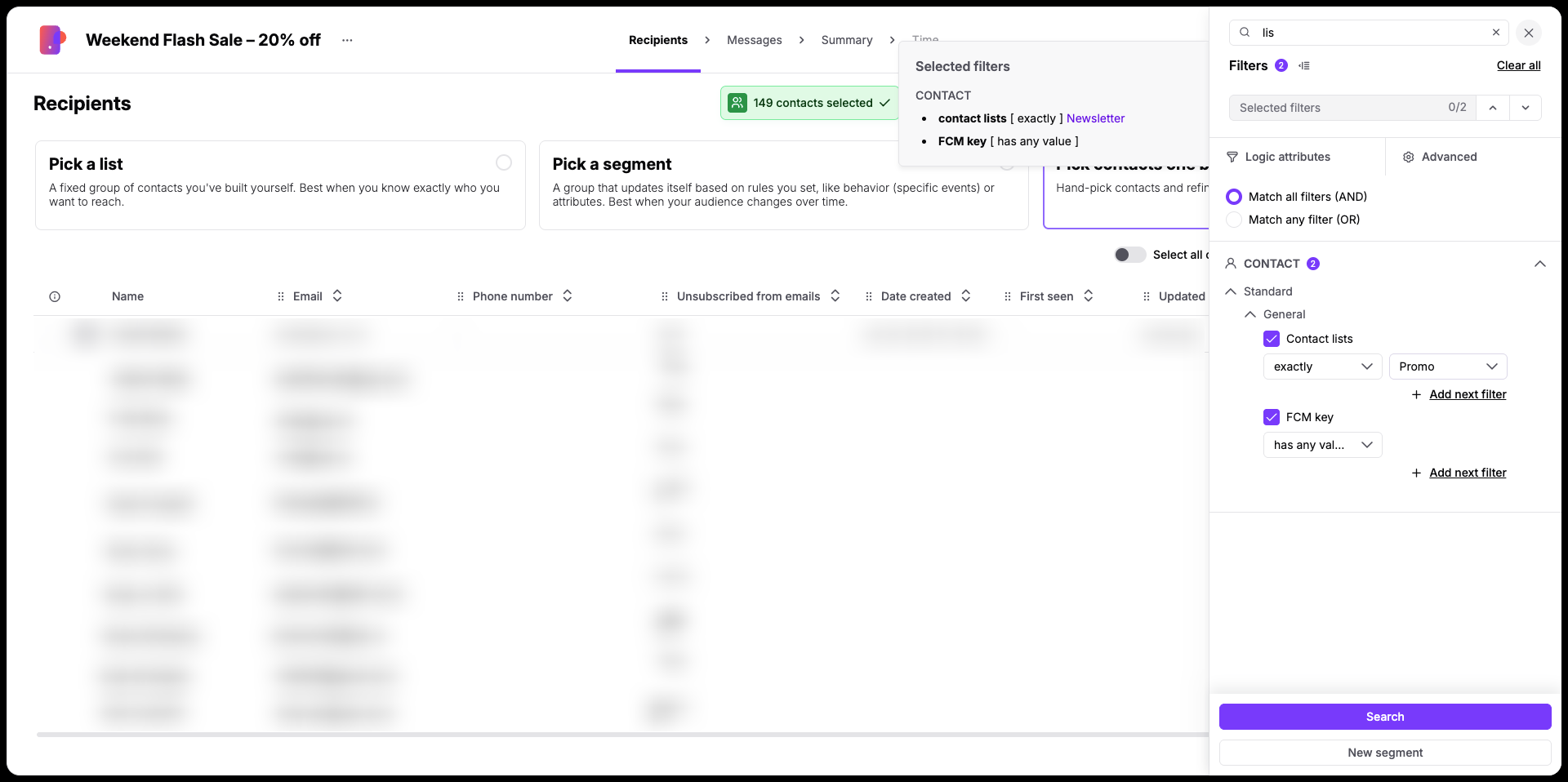 The Recipients screen for “Weekend Flash Sale – 20% off” shows the contact table and a filter panel with Contact lists and FCM key selected. Visible: Weekend Flash Sale – 20% off, Recipients, Pick a list, Pick a segment, 149 contacts selected, Selected filters.
