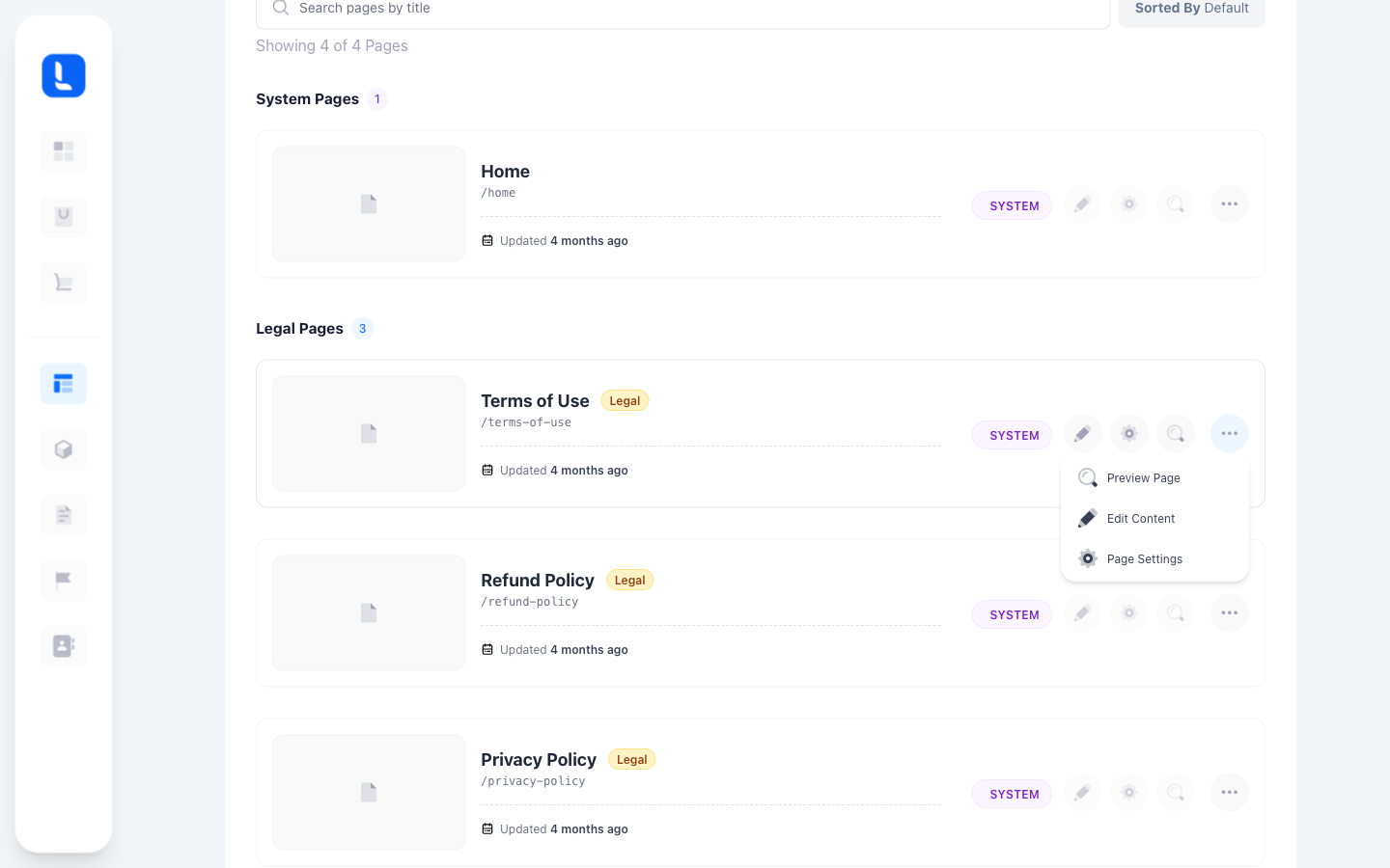 A page row in the Pages list, with the Edit, Settings and Preview icons and the more icon menu open, showing Preview Page, Edit Content and Page Settings.