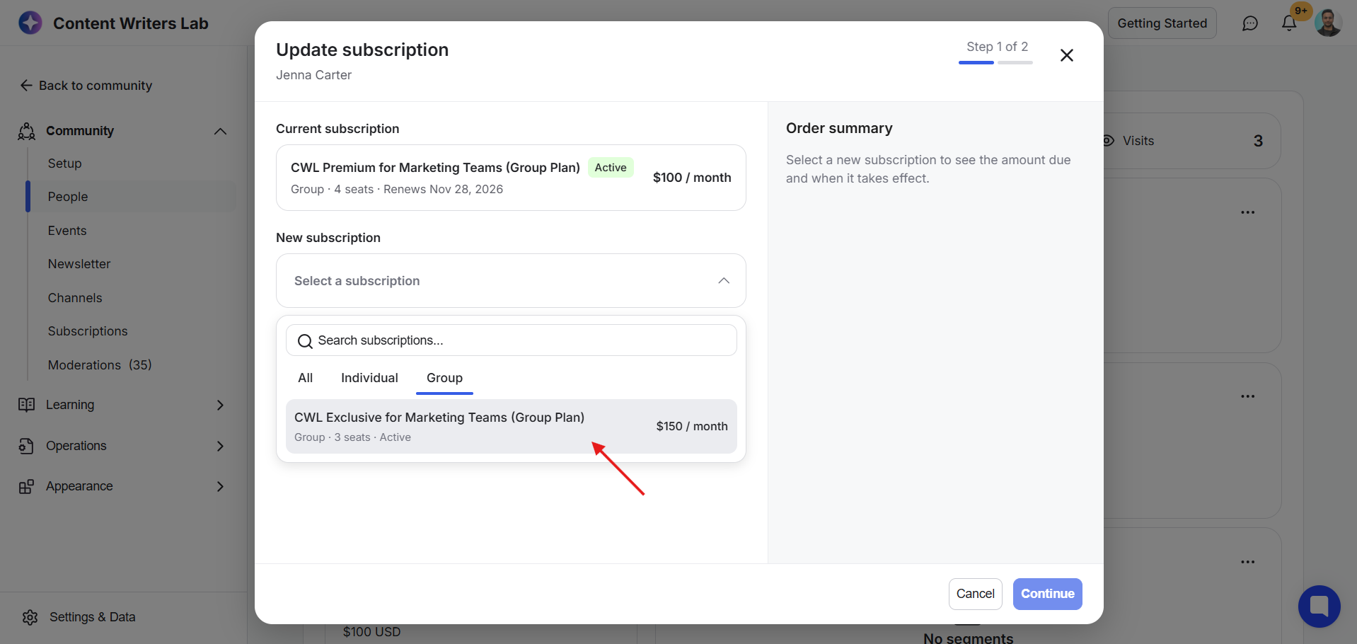The Update subscription modal shows the Group plan selector, with a red arrow pointing to CWL Exclusive for Marketing Teams (Group Plan). Visible: Update subscription, Jenna Carter, Step 1 of 2, Current subscription, CWL Premium for Marketing Teams (Group Plan), Active.