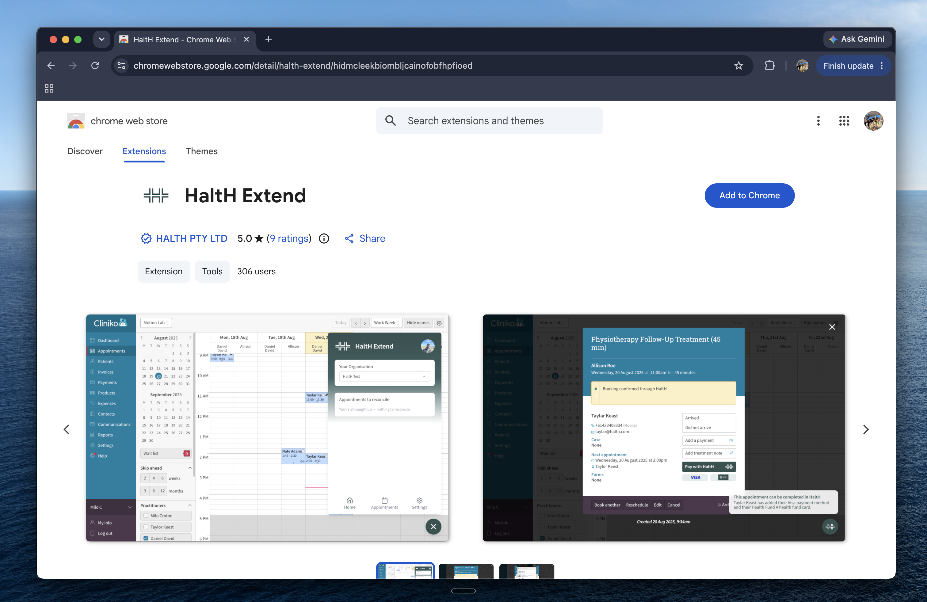 Chrome Web Store Extensions listing for Halth Extend, with an Add to Chrome button and previews of a clinic calendar and appointment details. Visible: chrome web store, Extensions, Themes, Halth Extend, Add to Chrome, HALTH PTY LTD.