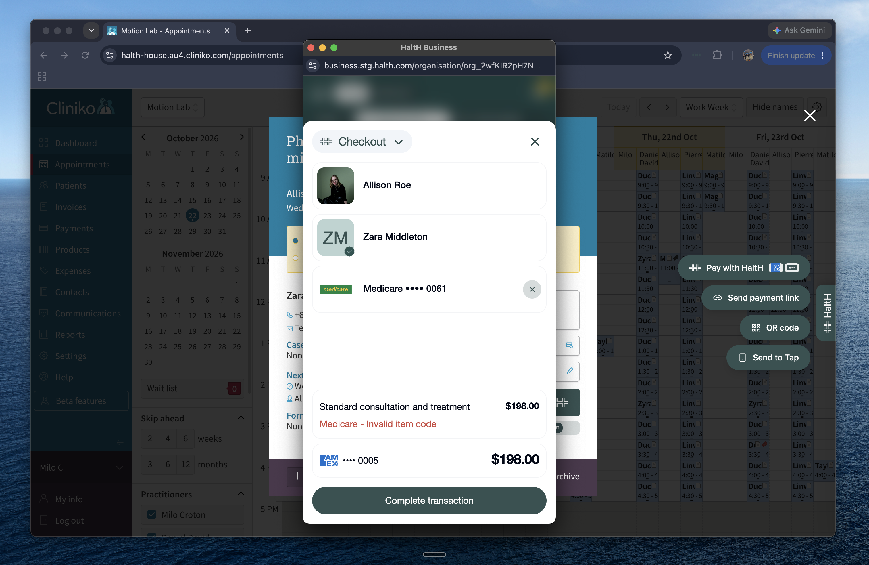 A Checkout payment modal overlays the Cliniko Appointments calendar, showing patient and payment methods, a Medicare invalid item code warning, and Complete transaction. Visible: Checkout, Allison Roe, Zara Middleton, Medicare •••• 0061, Standard consultation and treatment, Medicare - Invalid item c