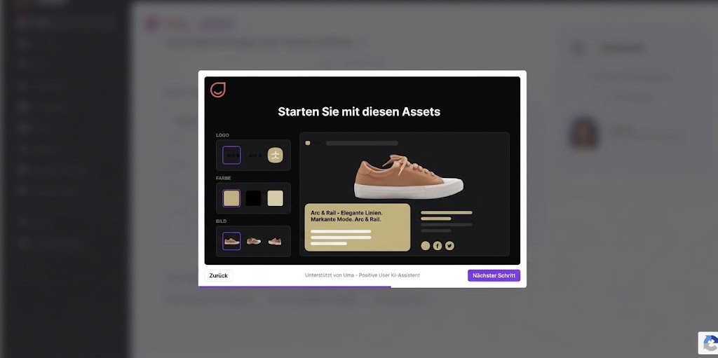 A German setup modal titled „Starten Sie mit diesen Assets“ shows logo, color, and image asset choices beside a sneaker product preview. Visible: Starten Sie mit diesen Assets, LOGO, FARBE, BILD, Arc & Rail - Elegante Linien. Markante Mode. Arc & Rail., Zurück.