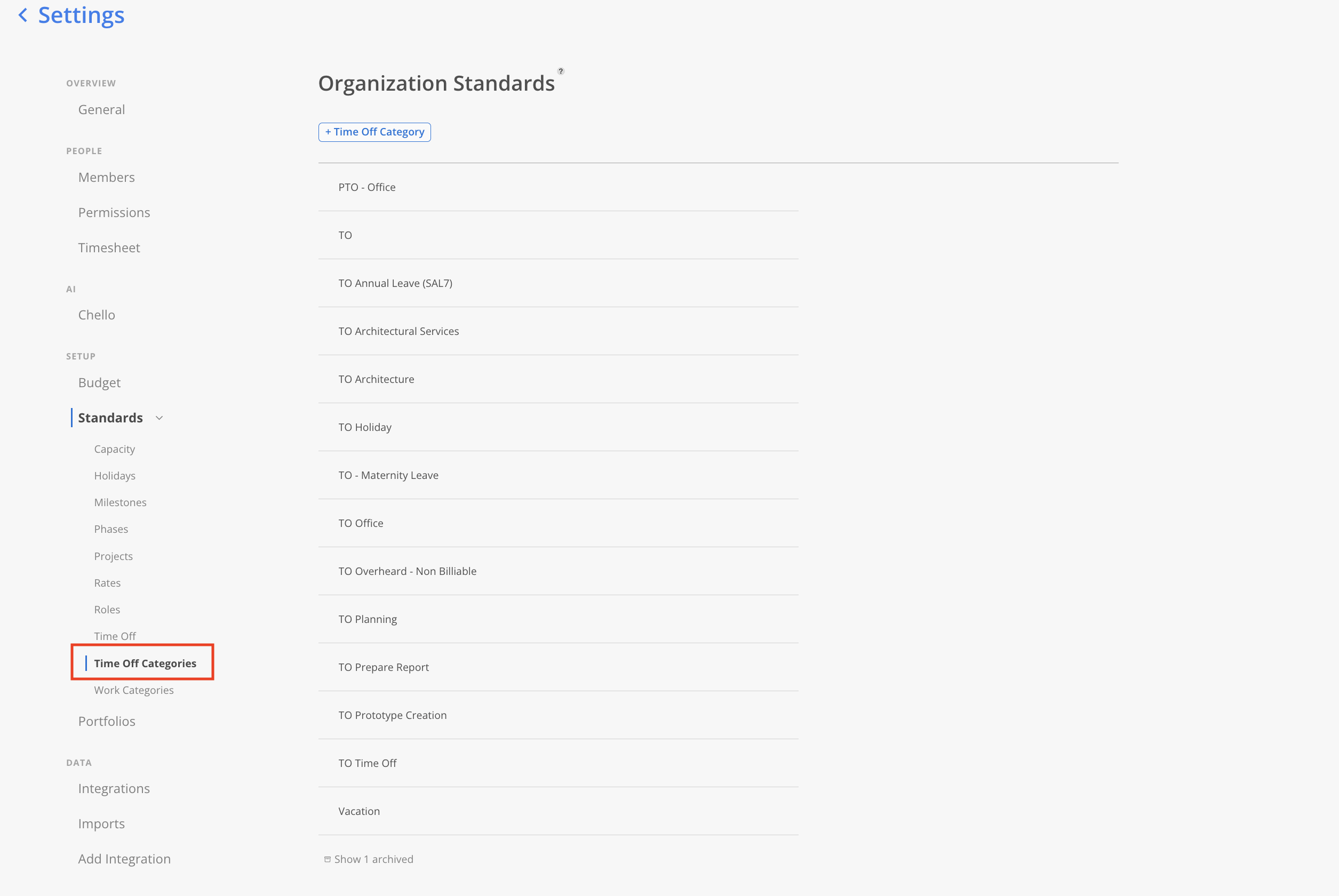 The Settings screen shows Organization Standards and a list of time off categories; a red box highlights Time Off Categories in the Setup sidebar. Visible: Settings, Organization Standards, + Time Off Category, Standards, Time Off, Time Off Categories.