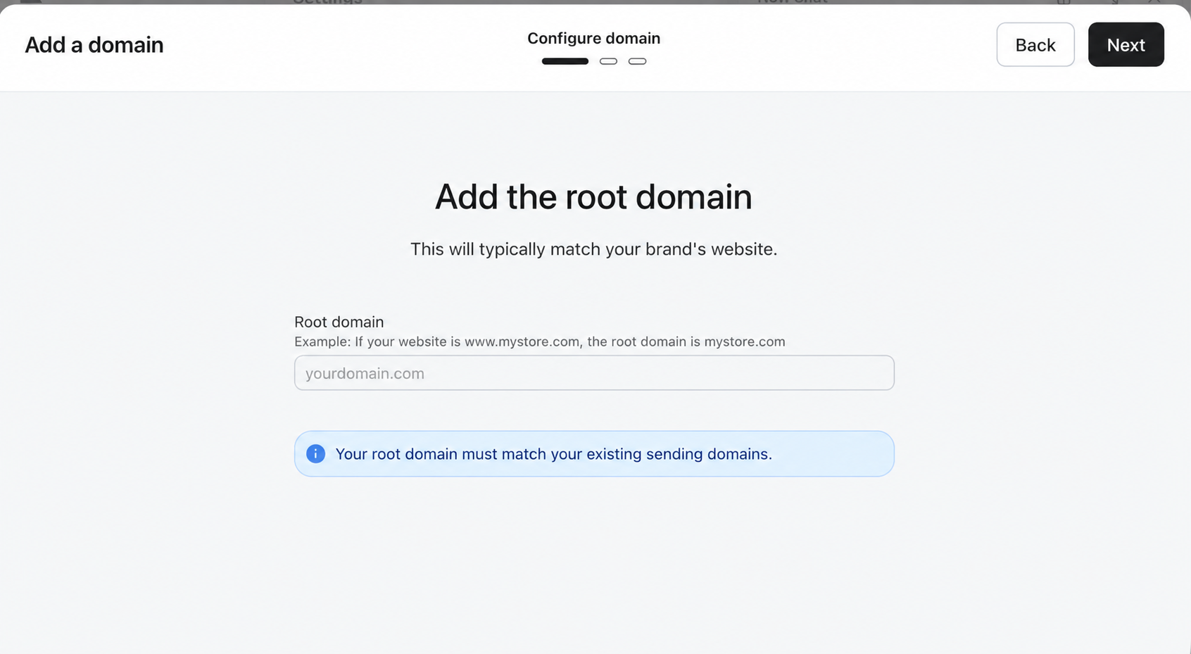 The Add a domain setup screen is on Configure domain, prompting for a root domain that matches existing sending domains. Visible: Add a domain, Configure domain, Back, Next, Add the root domain, This will typically match your brand's website.