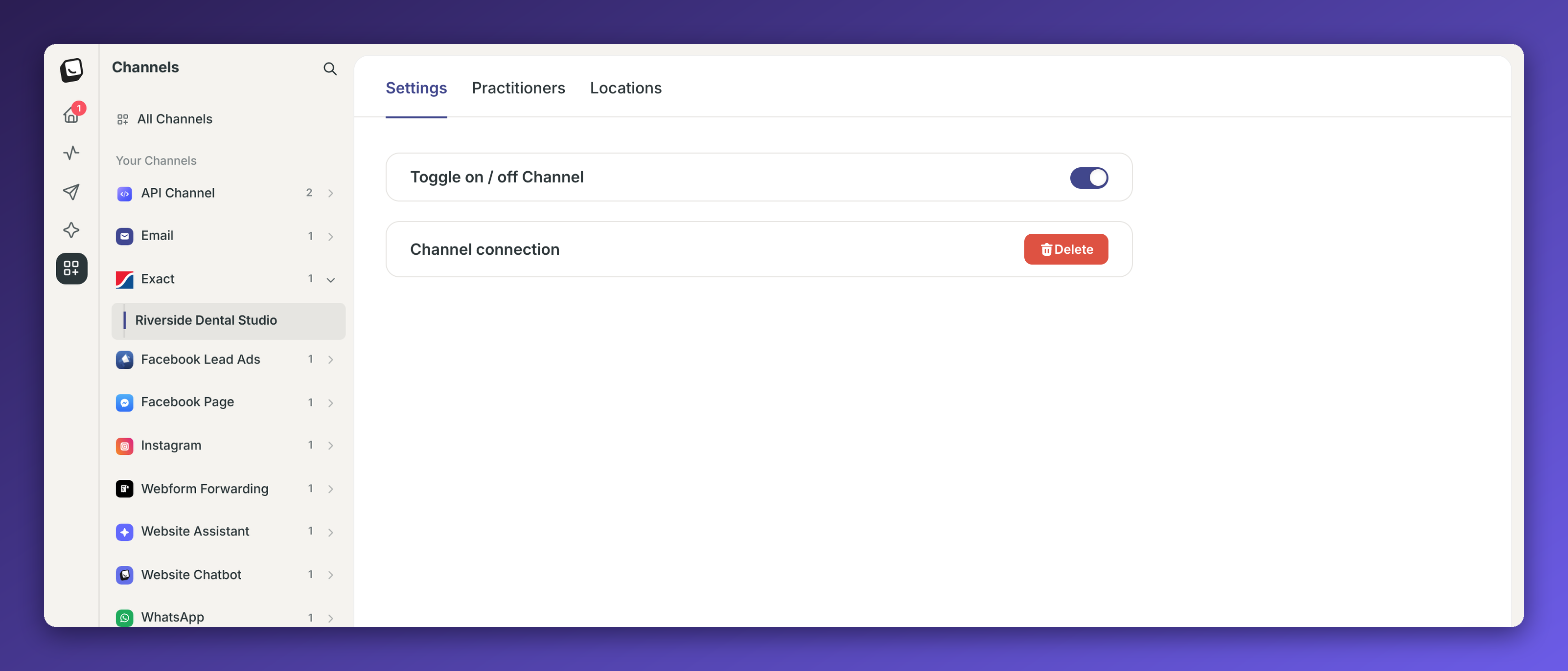 The Channels screen shows Settings for the selected Exact channel, Riverside Dental Studio, with a channel toggle and connection Delete button. Visible: Channels, All Channels, Your Channels, API Channel, Email, Exact.
