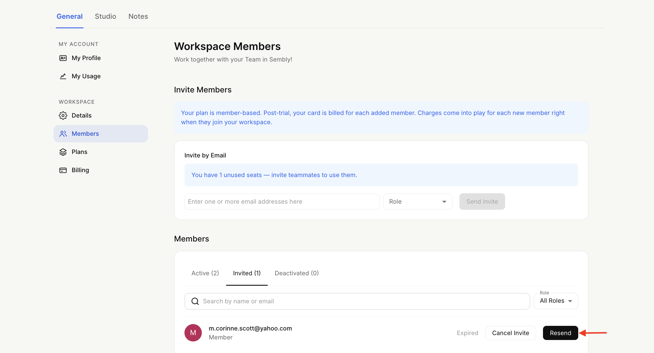 Workspace Members settings show the Invited members list, with a red arrow pointing to the Resend button for an expired invitation. Visible: General, Studio, Notes, Workspace Members, Invite Members, Invite by Email.