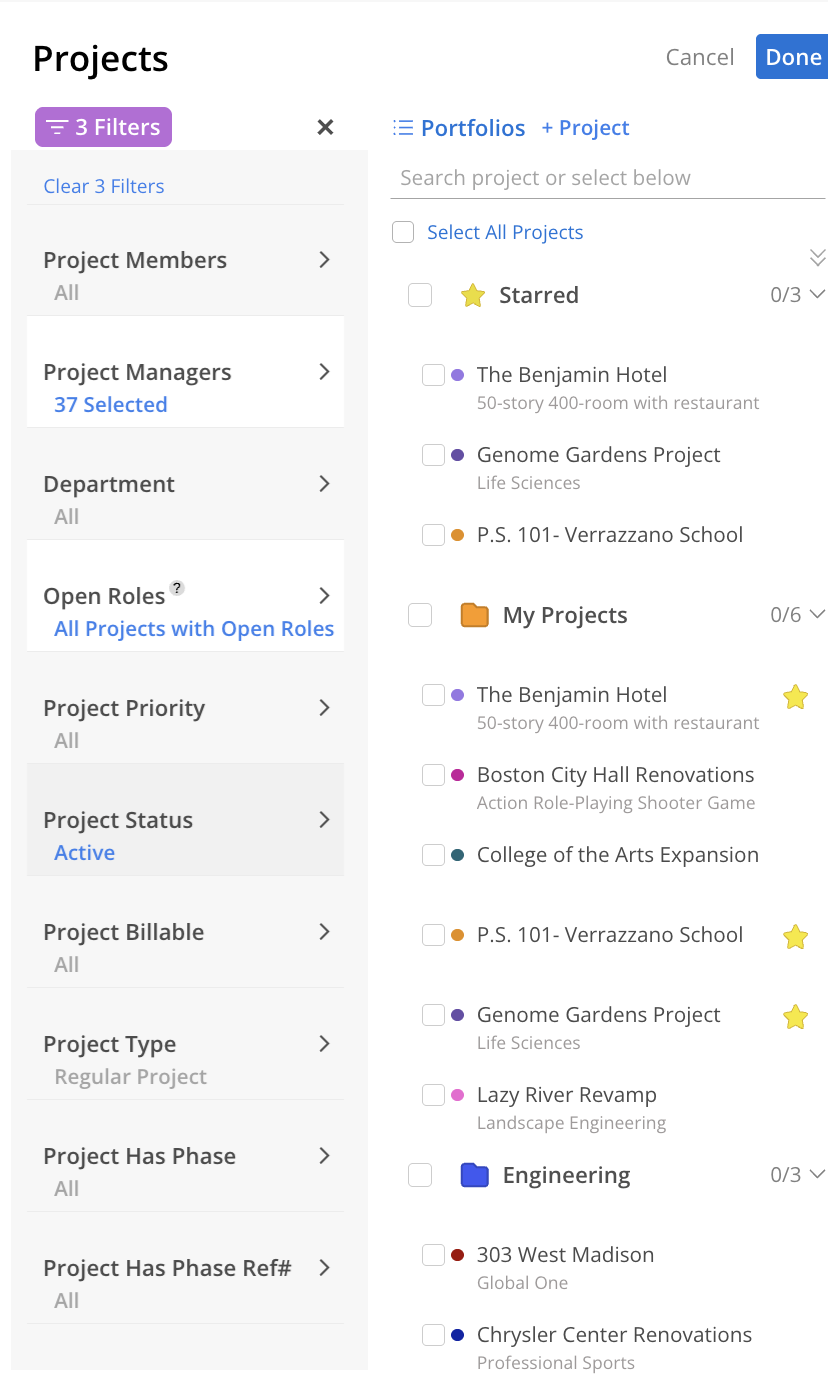Projects screen shows a three-filter sidebar and a project list grouped under Starred, My Projects, and Engineering. Visible: Projects, Cancel, Done, 3 Filters, Clear 3 Filters, Project Members.
