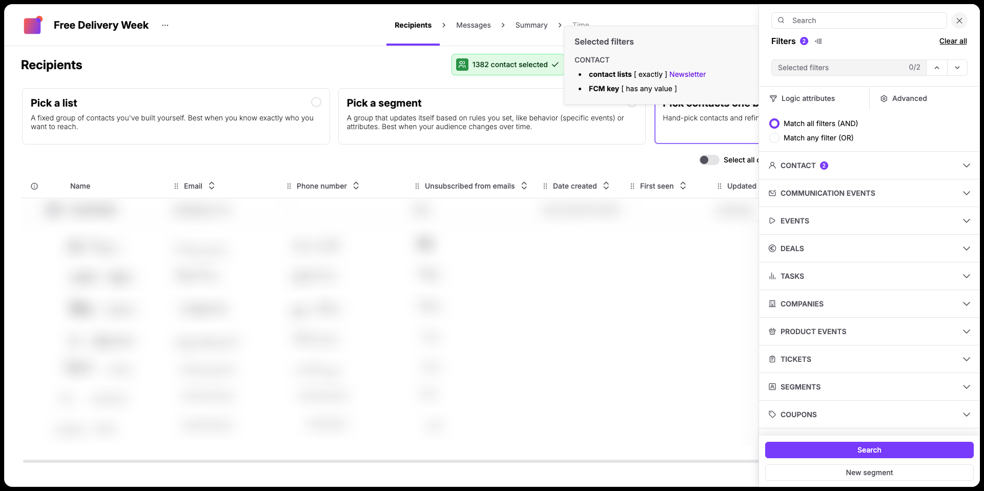 Recipients screen for “Free Delivery Week” shows a contact table, audience selection options, and an open Filters panel with two selected contact filters. Visible: Free Delivery Week, Recipients, Pick a list, Pick a segment, 1382 contact selected, Selected filters.