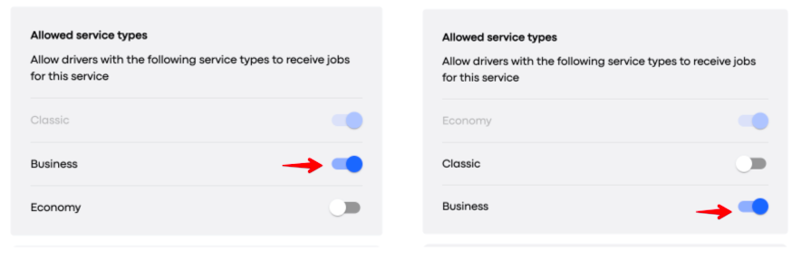 Two Allowed service types settings panels show Classic, Business, and Economy switches, with red arrows pointing to the enabled Business switch in each panel. Visible: Allowed service types, Allow drivers with the following service types to receive jobs for this service, Classic, Business, Economy.