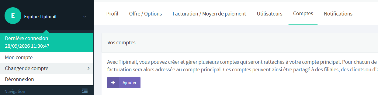 La pantalla de configuración de la cuenta de Tipimail tiene seleccionada la pestaña Cuentas y muestra la sección Sus cuentas y un botón Añadir. Visibles: Perfil, Plan / Opciones, Facturación / Método de pago, Usuarios, Cuentas, Notificaciones.