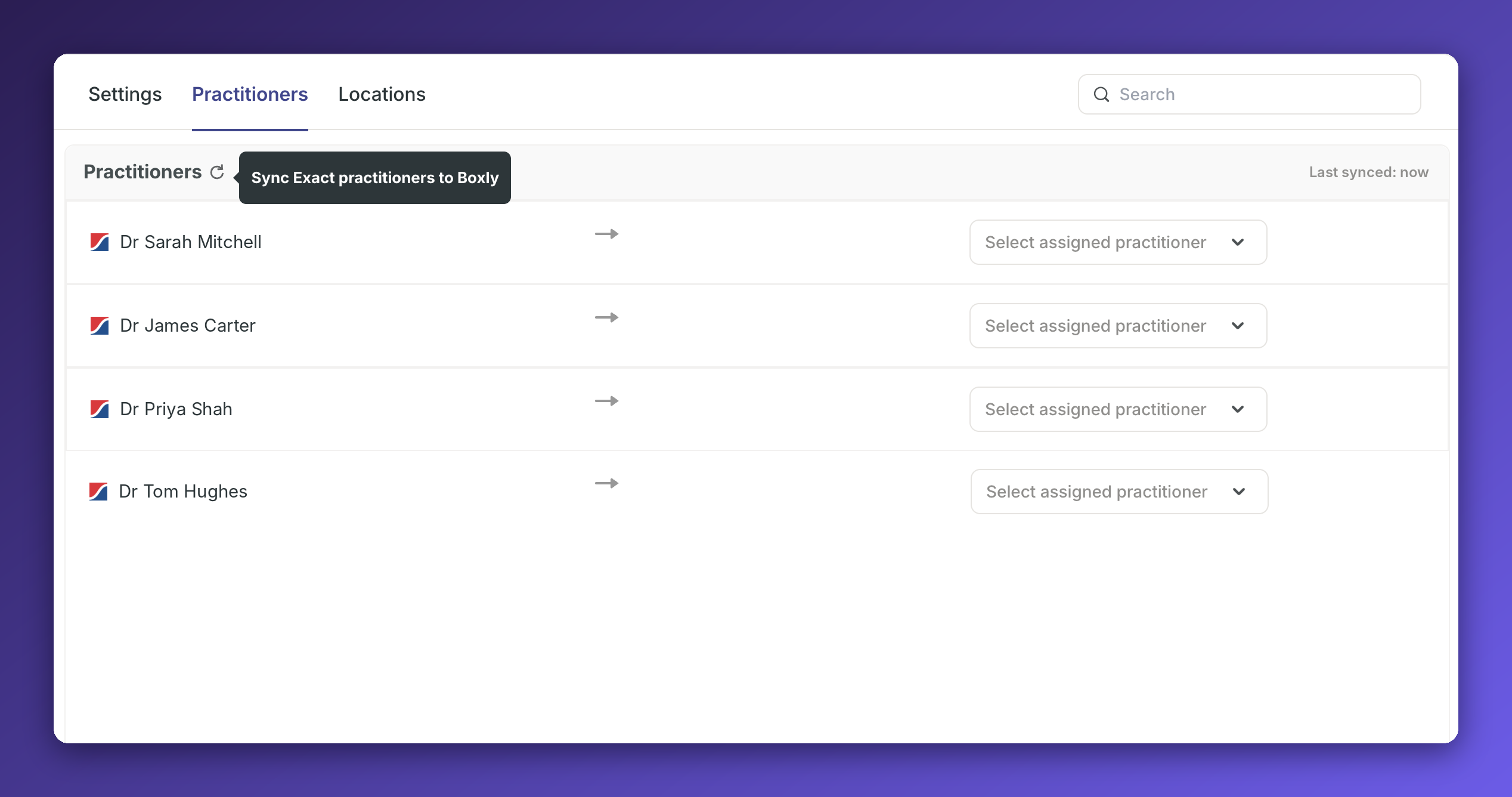 The Practitioners tab shows four practitioners with arrows to assigned-practitioner dropdowns and a sync tooltip beside the Practitioners heading. Visible: Settings, Practitioners, Locations, Search, Last synced: now, Sync Exact practitioners to Boxly.