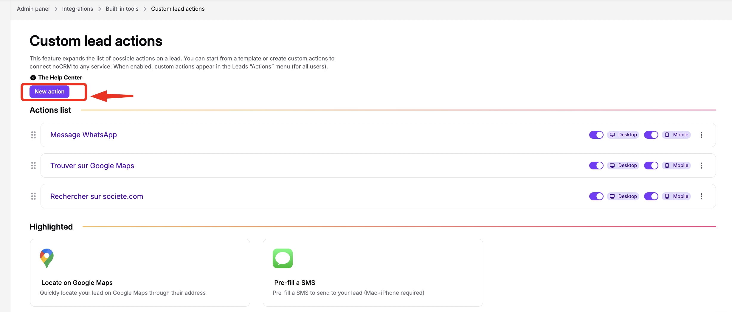 The Custom lead actions page under Admin panel > Integrations > Built-in tools, with a red arrow pointing to the New action button above the actions list. Visible: Admin panel, Integrations, Built-in tools, Custom lead actions, New action, Actions list.