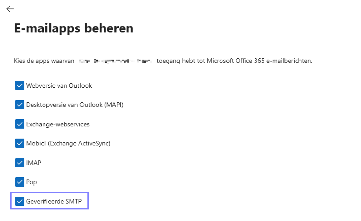 Microsoft Office 365 E-mailapps beheren screen with checked access options; a purple outline highlights the Geverifieerde SMTP option. Visible: E-mailapps beheren, Webversie van Outlook, Desktopversie van Outlook (MAPI), Exchange-webservices, Mobiel (Exchange ActiveSync), IMAP.
