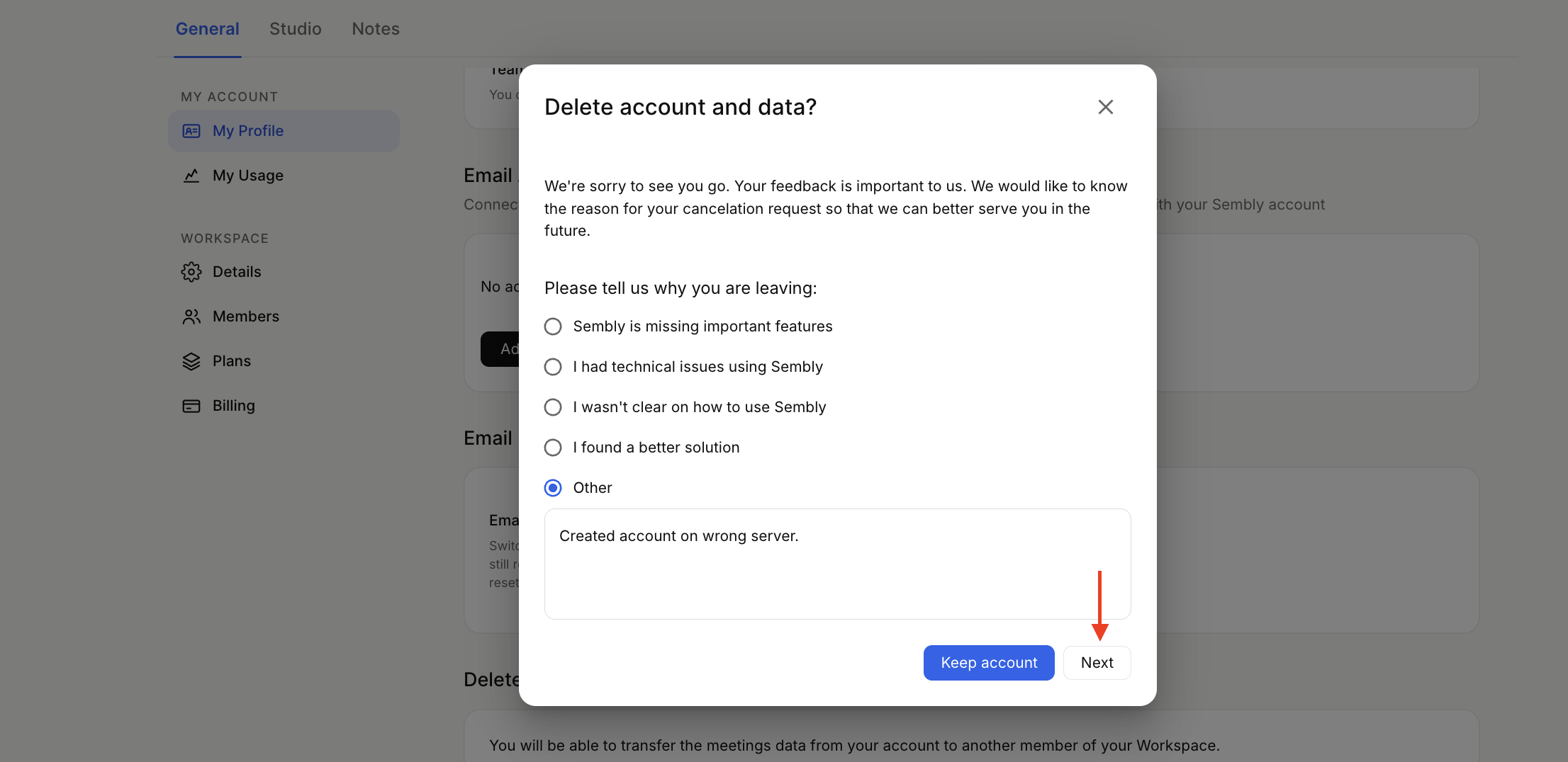 A “Delete account and data?” cancellation-reason dialog overlays General > My Profile settings, with Other selected and a red arrow pointing to Next. Visible: General, My Profile, Delete account and data?, Please tell us why you are leaving:, Sembly is missing important features, I had technical iss