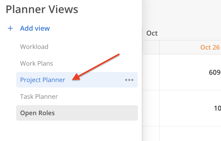 Planner Views sidebar with Project Planner selected; a red arrow points to the Project Planner row. Visible: Planner Views, Add view, Workload, Work Plans, Project Planner, Task Planner.