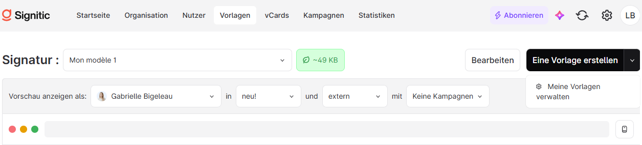 Siganitic’s Vorlagen screen shows the signature template selector, preview settings, and the open menu for creating or managing templates. Visible: Startseite, Organisation, Nutzer, Vorlagen, vCards, Kampagnen.