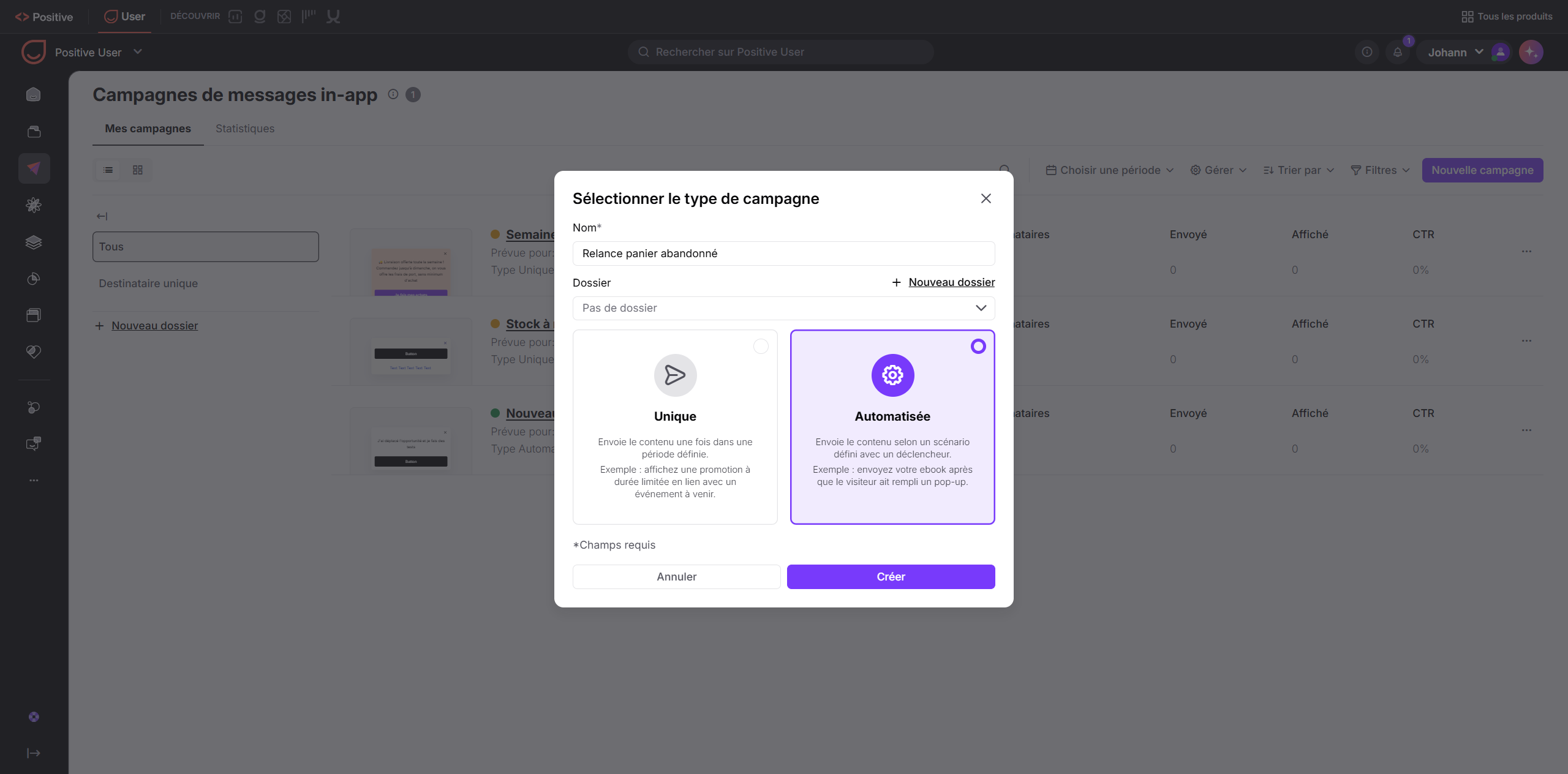 La fenêtre « Sélectionner le type de campagne » des campagnes de messages in-app montre l’option « Automatisée » sélectionnée. Visible: Sélectionner le type de campagne, Nom*, Relance panier abandonné, Dossier, Nouveau dossier, Pas de dossier.