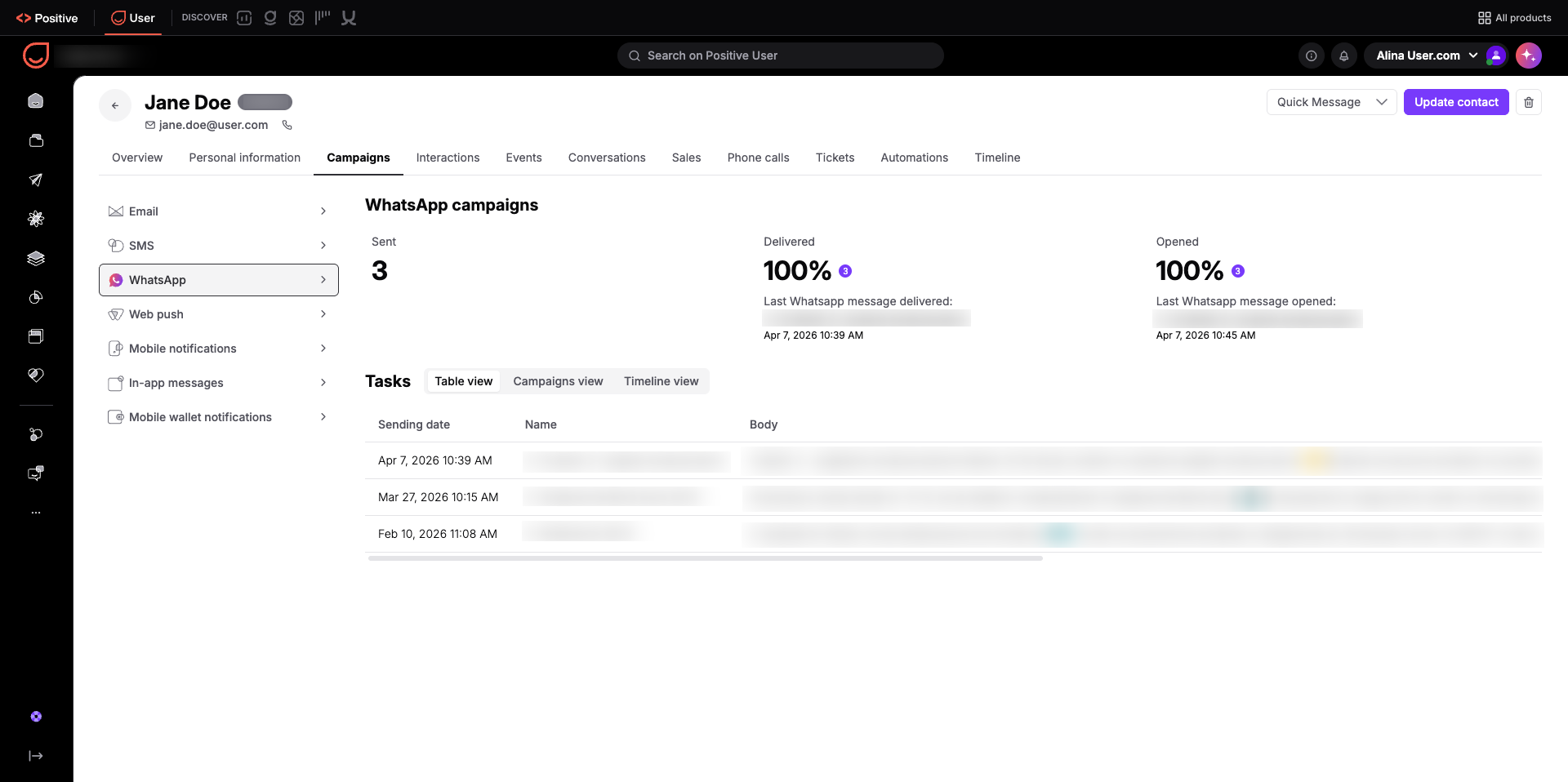 Jane Doe's contact record is open on the Campaigns tab, showing WhatsApp campaign delivery and open metrics and a task table in Table view. Visible: Positive, User, DISCOVER, All products, Search on Positive User, Jane Doe.