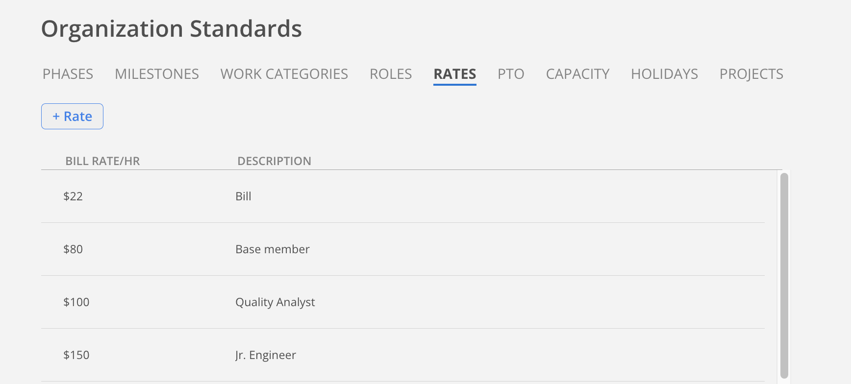 Organization Settings Standard Rates Mosaic
