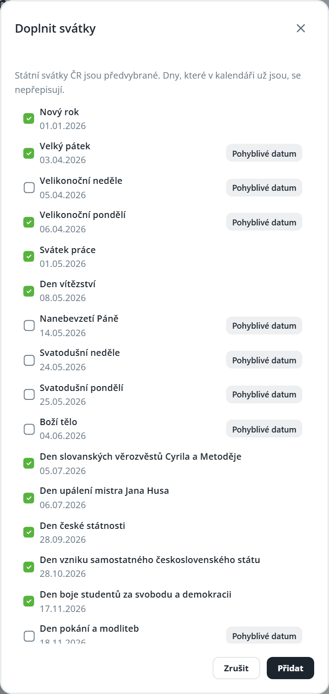 The “Doplnit svátky” dialog lists Czech public holidays with checkboxes, dates, movable-date labels, and Cancel and Add buttons. Visible: Doplnit svátky, Státní svátky ČR jsou předvybrané. Dny, které v kalendáři už jsou, se nepřepisují., Nový rok, Velký pátek, Velikonoční neděle, Velikonoční pondělí