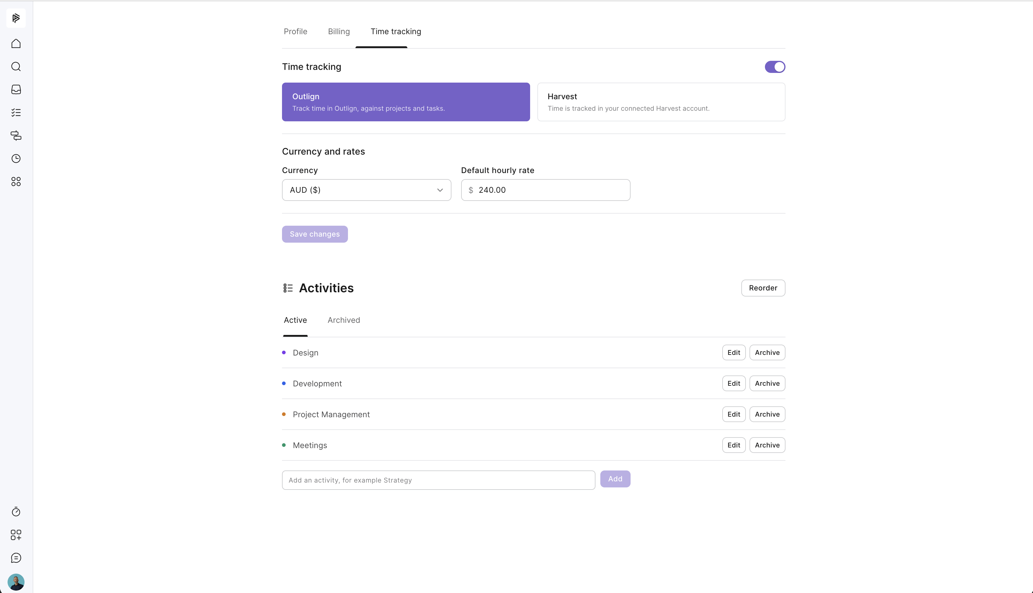 The Time tracking settings screen shows Outlign selected, currency and hourly rate fields, and controls for managing active activities. Visible: Profile, Billing, Time tracking, Outlign, Harvest, Currency and rates.