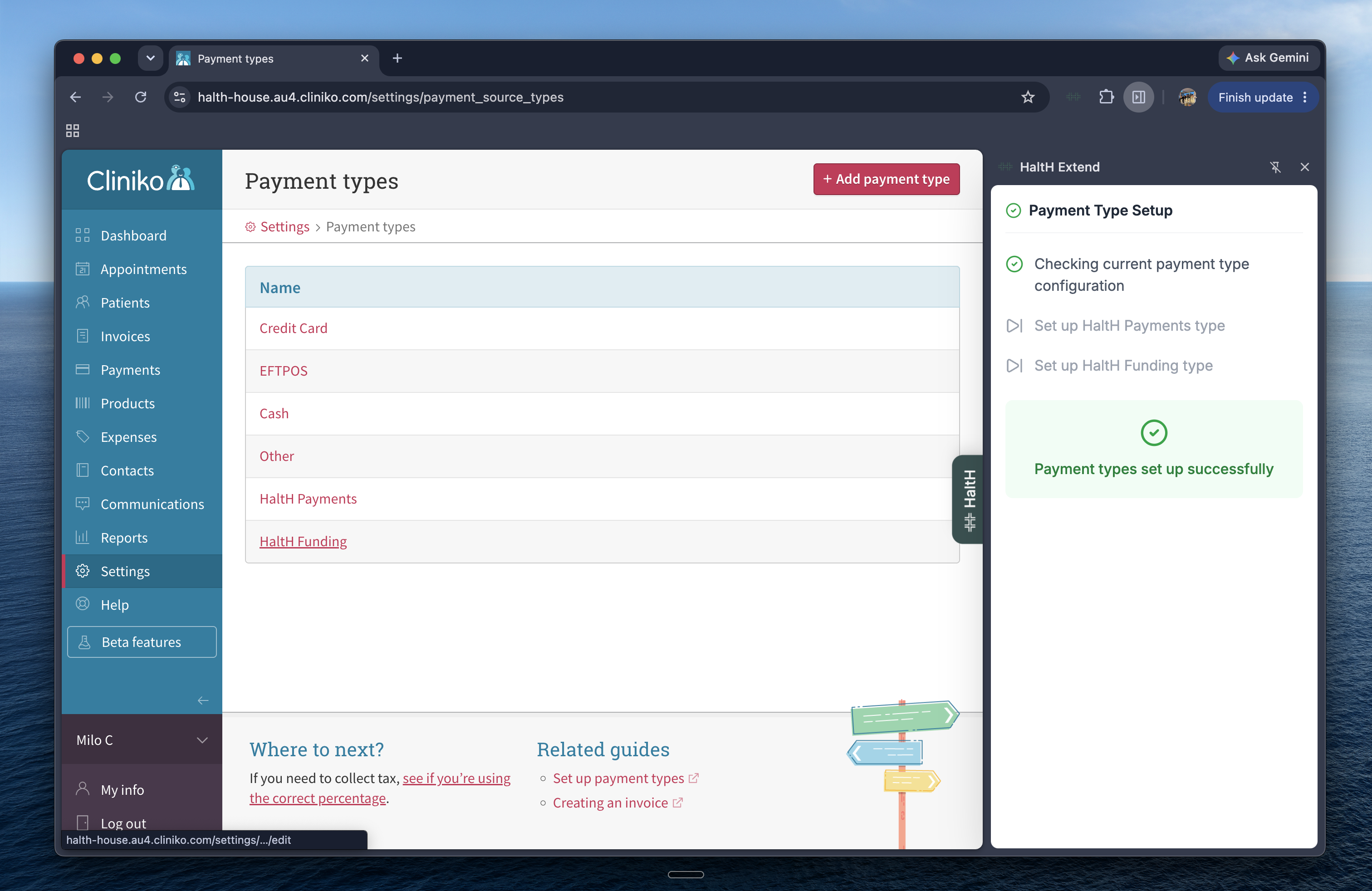Cliniko Settings > Payment types screen lists payment methods, with a HaltH Extend panel confirming payment types were set up successfully. Visible: Payment types, Settings, Name, Credit Card, EFTPOS, Cash.