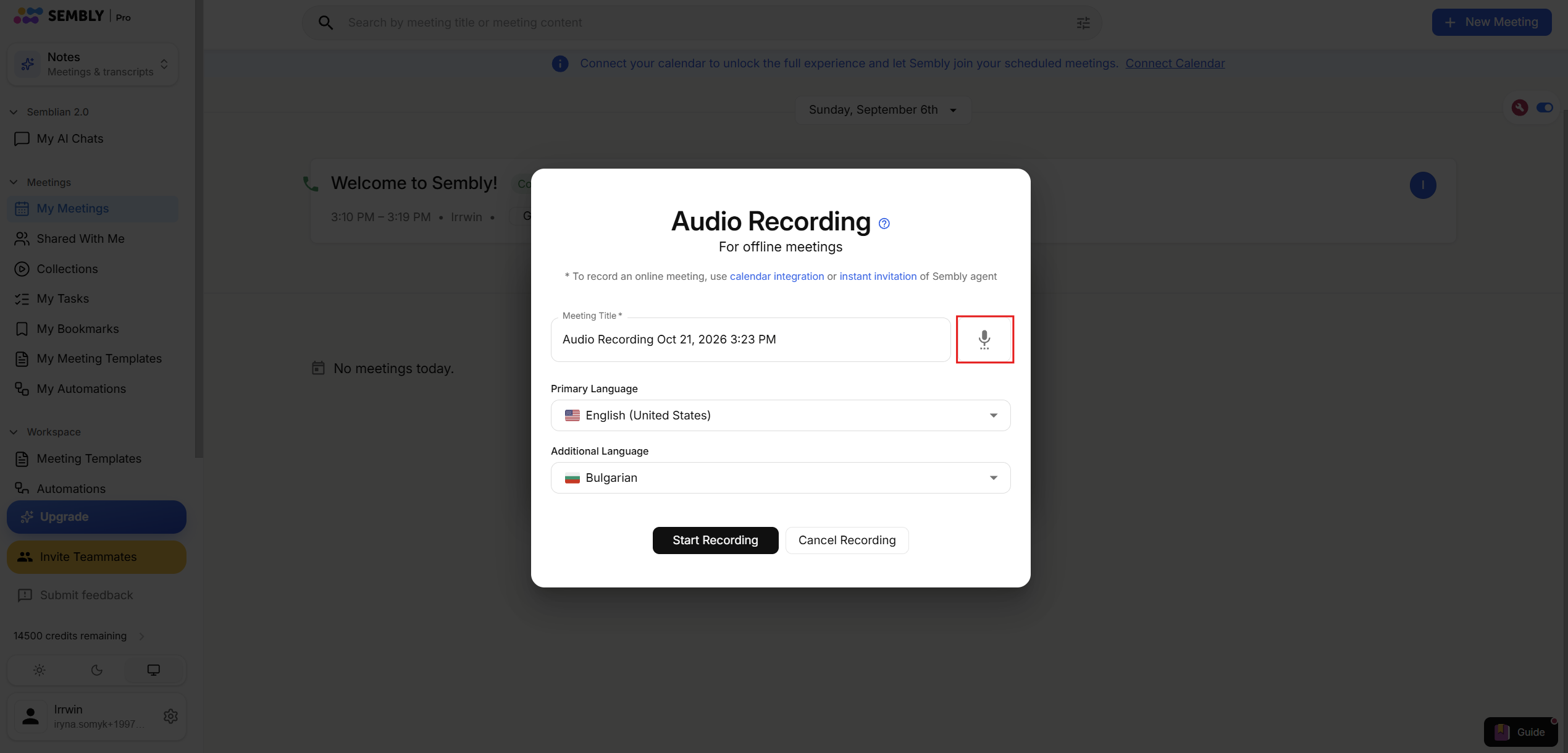 The Audio Recording dialog for offline meetings is open over Sembly’s My Meetings screen, with a red outline around the microphone button beside the meeting title. Visible: Audio Recording, For offline meetings, calendar integration, instant invitation, Meeting Title *, Audio Recording Oct 21, 2026