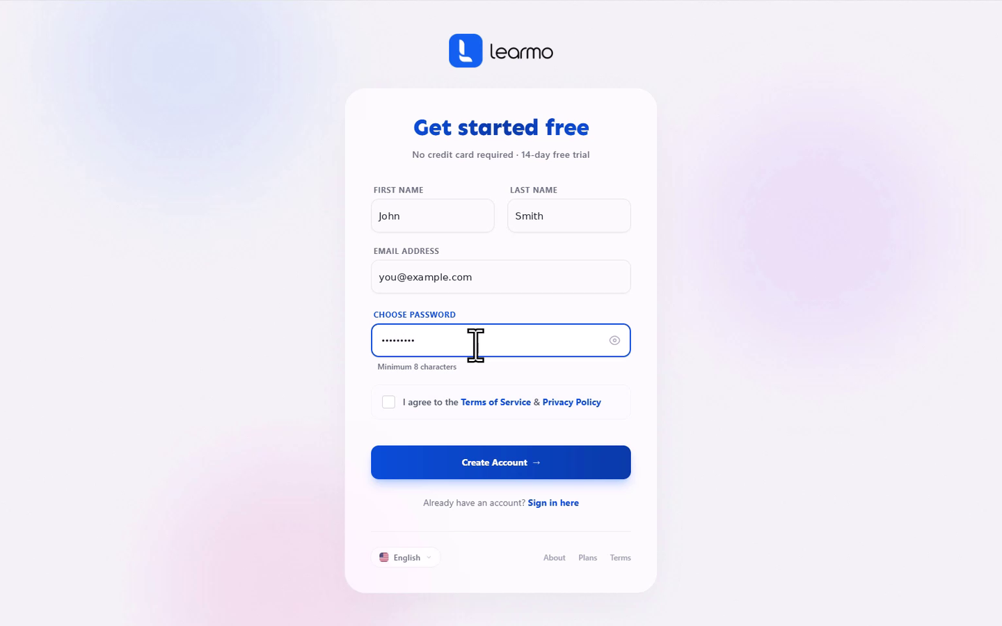 The Learmo registration page, Get started free, showing First Name, Last Name, Email Address, Choose Password, and the Terms of Service checkbox