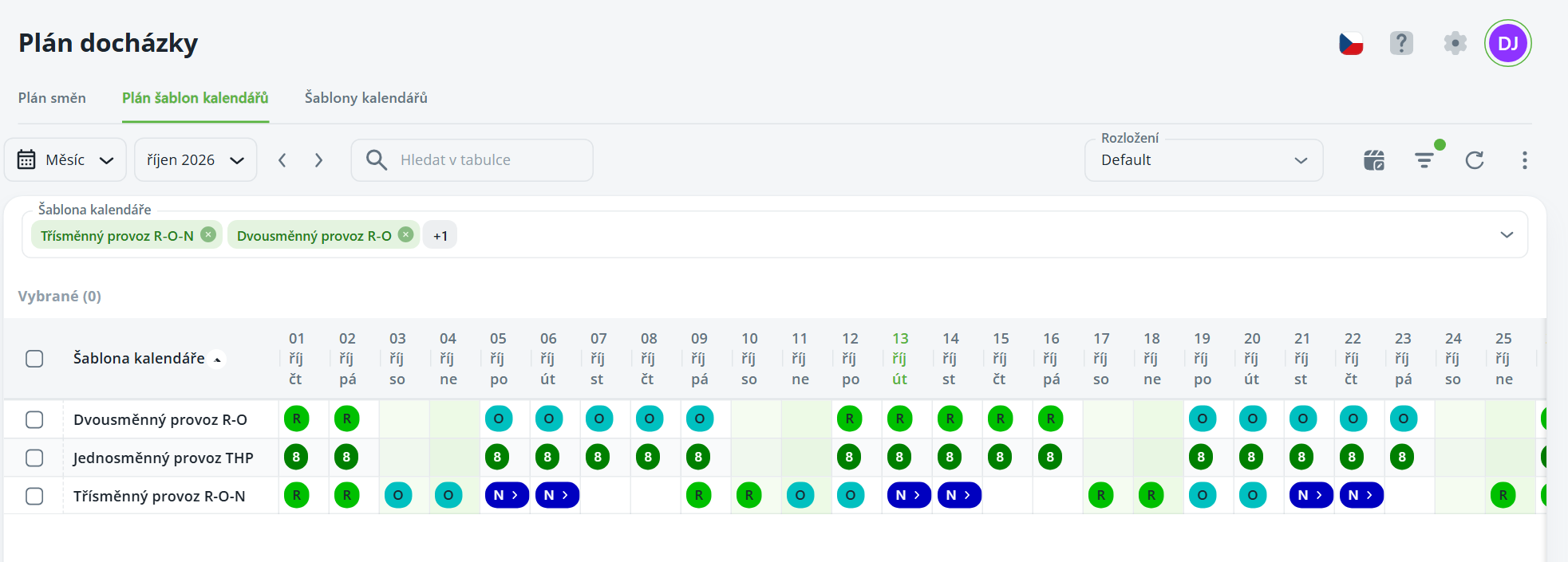 The Attendance Plan page shows the Calendar Template Plan tab, October 2026, selected shift calendar templates, and a calendar grid of shift codes by date. Visible: Plán docházky, Plán směn, Plán šablon kalendářů, Šablony kalendářů, Měsíc, říjen 2026.