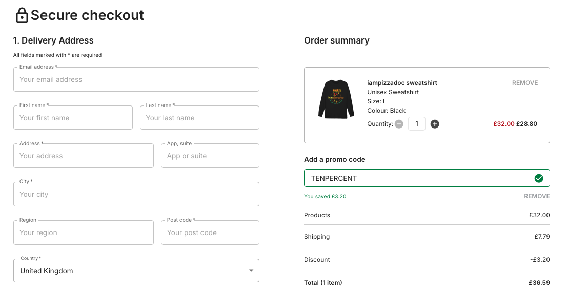 Secure checkout screen with delivery address fields on the left and an order summary with a sweatshirt, applied promo code, and total on the right. Visible: Secure checkout, 1. Delivery Address, All fields marked with * are required, Email address *, First name *, Last name *.