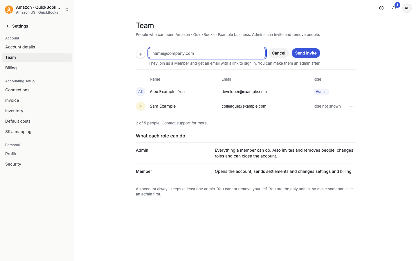 Team page with an email field and the Send invite button