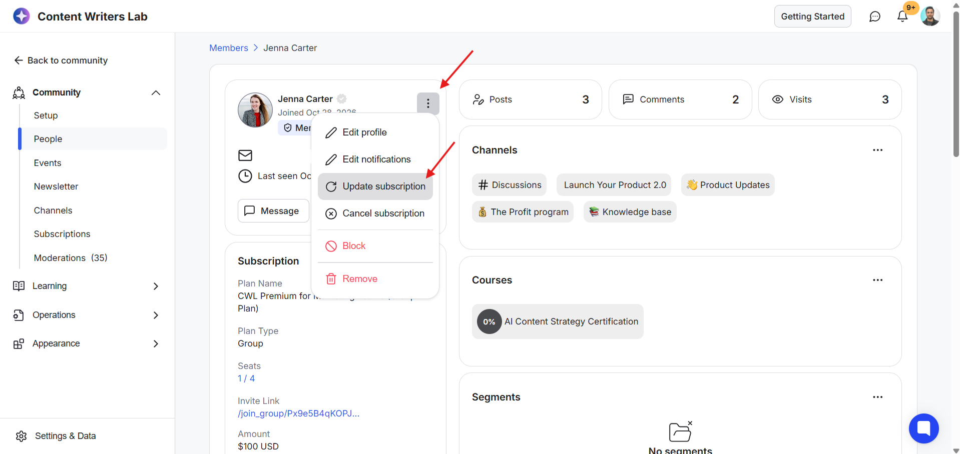 Community > People profile for Jenna Carter with the three-dot actions menu open; red arrows point to the menu and the highlighted Update subscription option. Visible: Content Writers Lab, Getting Started, Back to community, Community, People, Members.