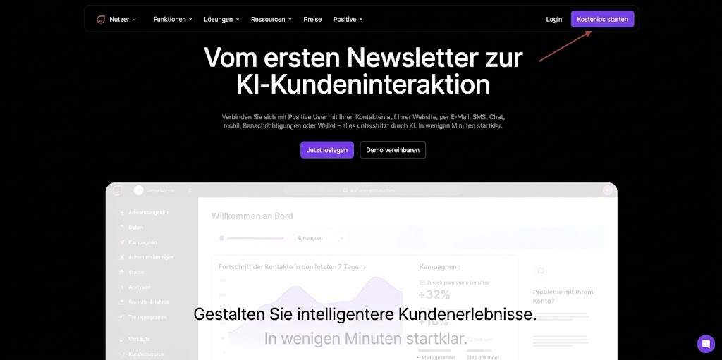 German marketing homepage for Nutzer, with an arrow pointing to the purple “Kostenlos starten” button in the top navigation. Visible: Nutzer, Funktionen, Lösungen, Ressourcen, Preise, Positive.