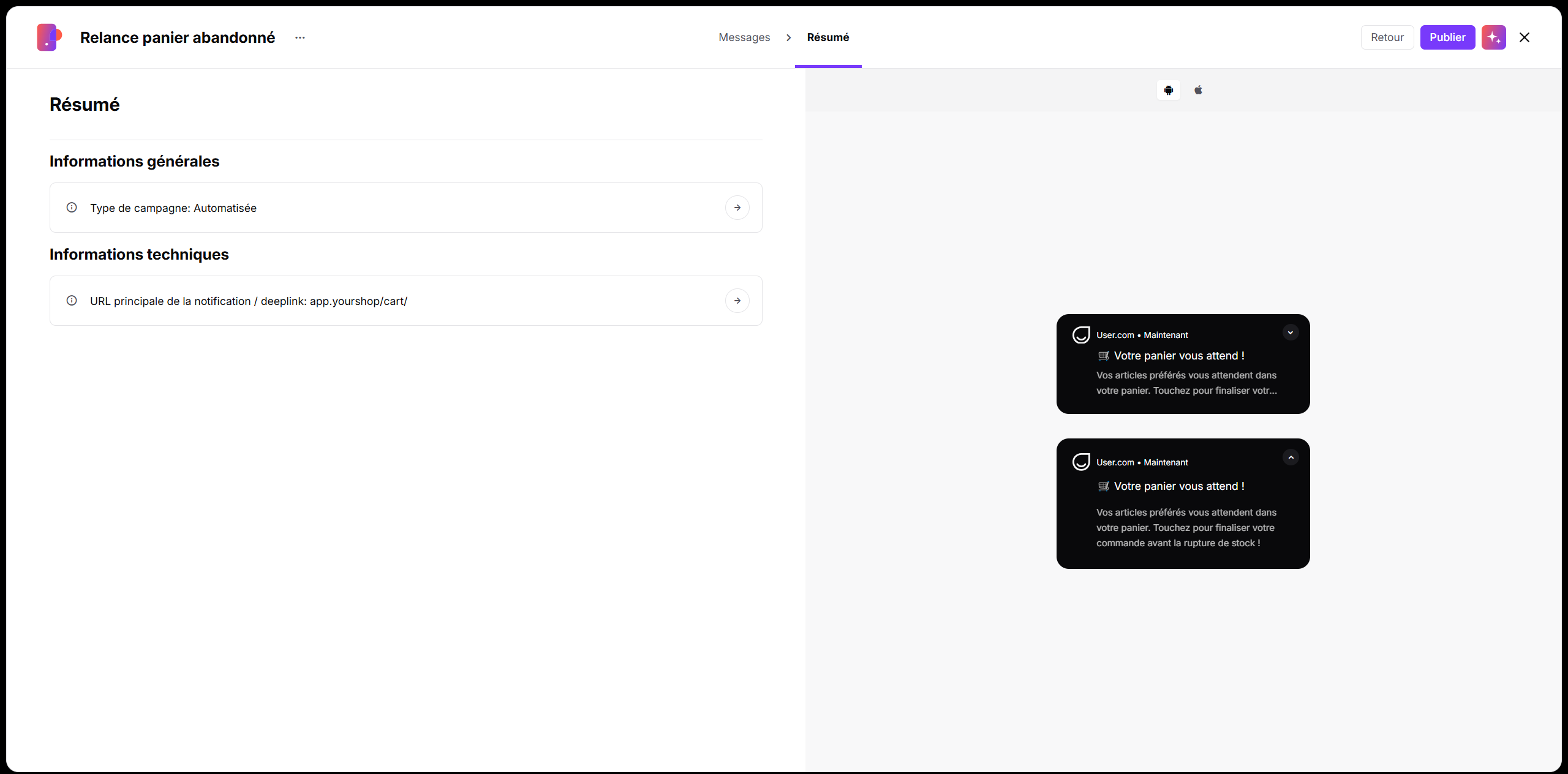L’écran Résumé de la campagne automatisée « Relance panier abandonné » affiche ses informations générales et techniques ainsi que deux aperçus de notification. Visible: Relance panier abandonné, Messages, Résumé, Informations générales, Type de campagne: Automatisée, Informations techniques.