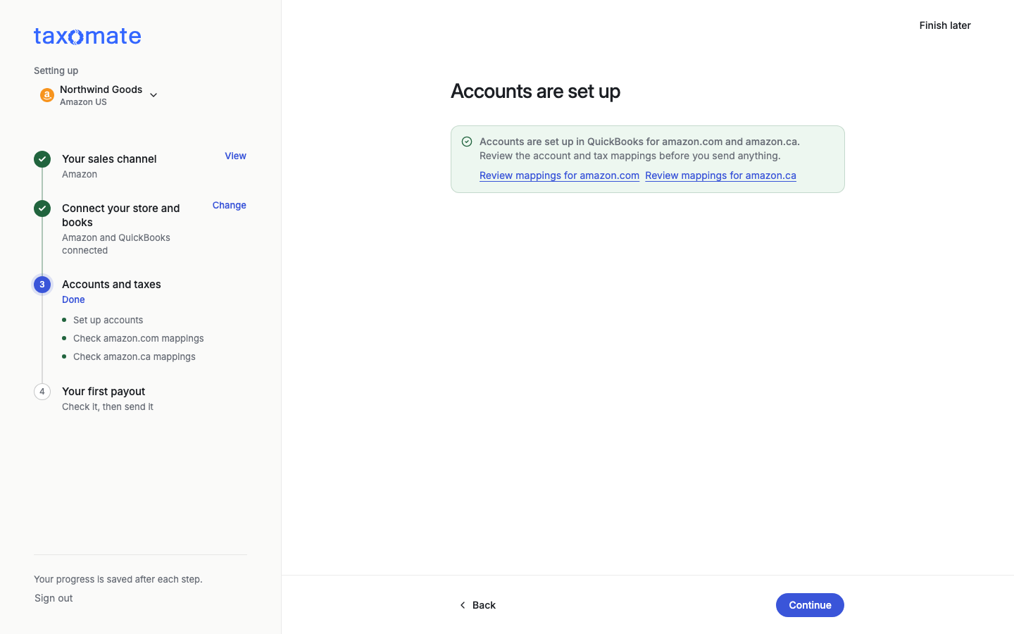 Accounts are set up message with a Continue button