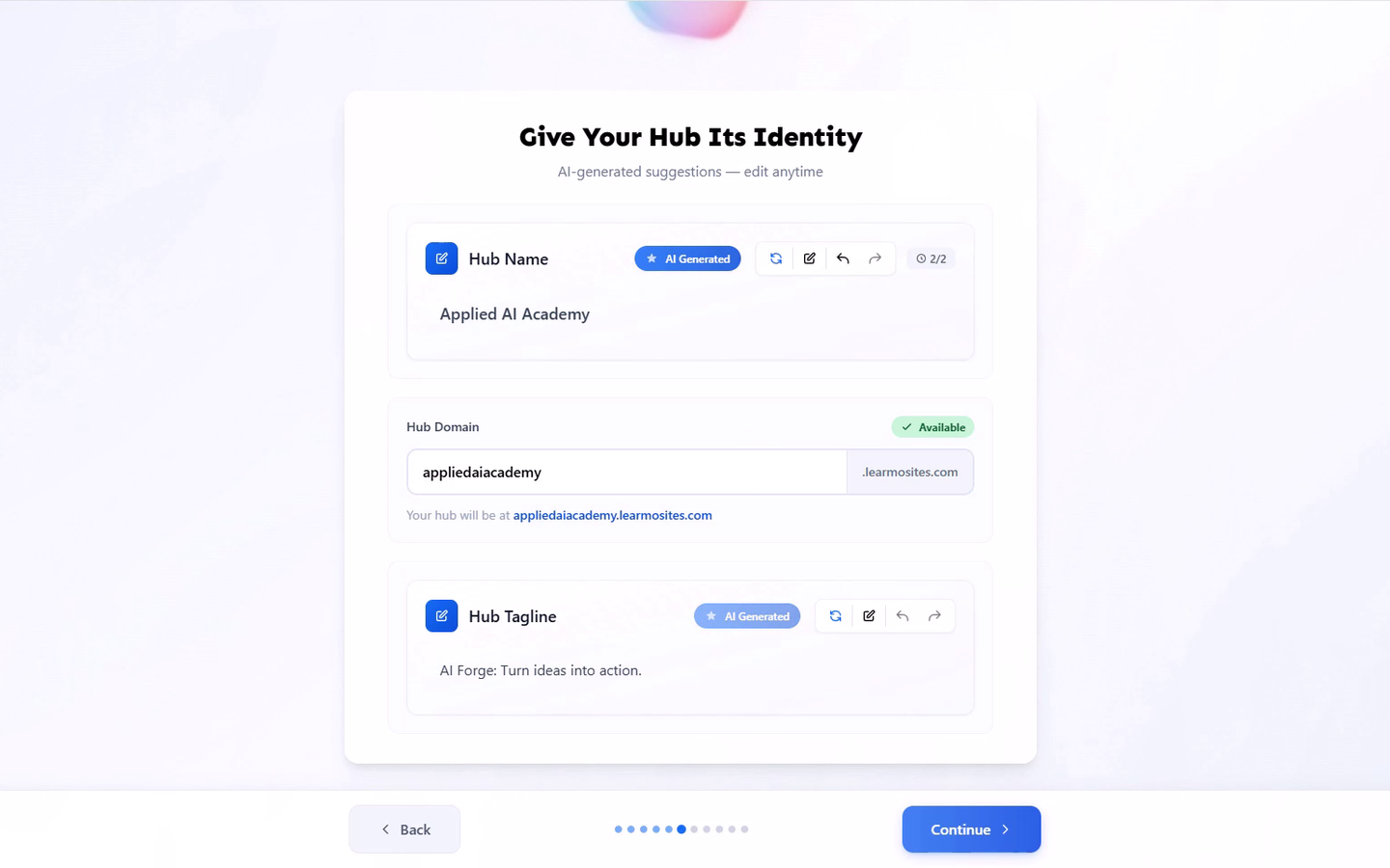 The Give Your Hub Its Identity screen, showing the Hub Name, Hub Domain, and Hub Tagline fields