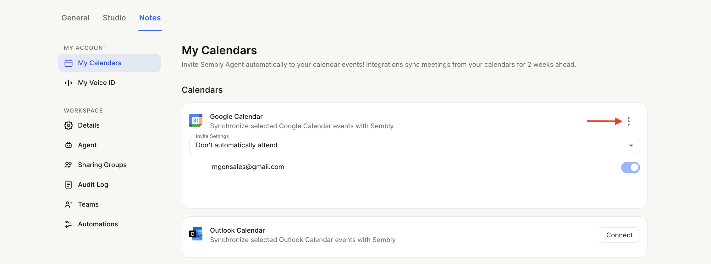 The My Calendars settings screen shows Google and Outlook calendar integrations, with a red arrow pointing to the Google Calendar three-dot menu. Visible: General, Studio, Notes, MY ACCOUNT, My Calendars, My Voice ID.