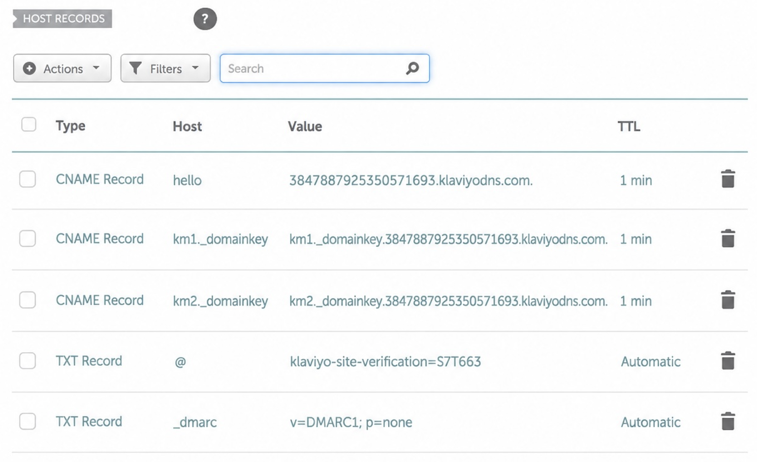 Host Records screen showing DNS CNAME and TXT records in a table with Type, Host, Value, and TTL columns. Visible: HOST RECORDS, Actions, Filters, Search, Type, Host.