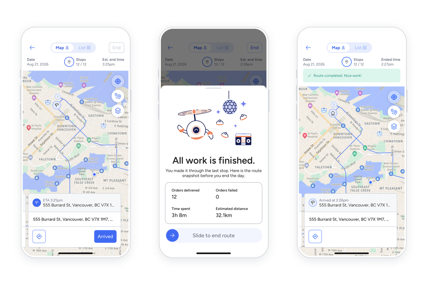 Three delivery route app screens show the final stop, a completed-route summary with a “Slide to end route” control, and the completed route map. Visible: Map, List, End, Date, Aug 21, 2026, Stops.