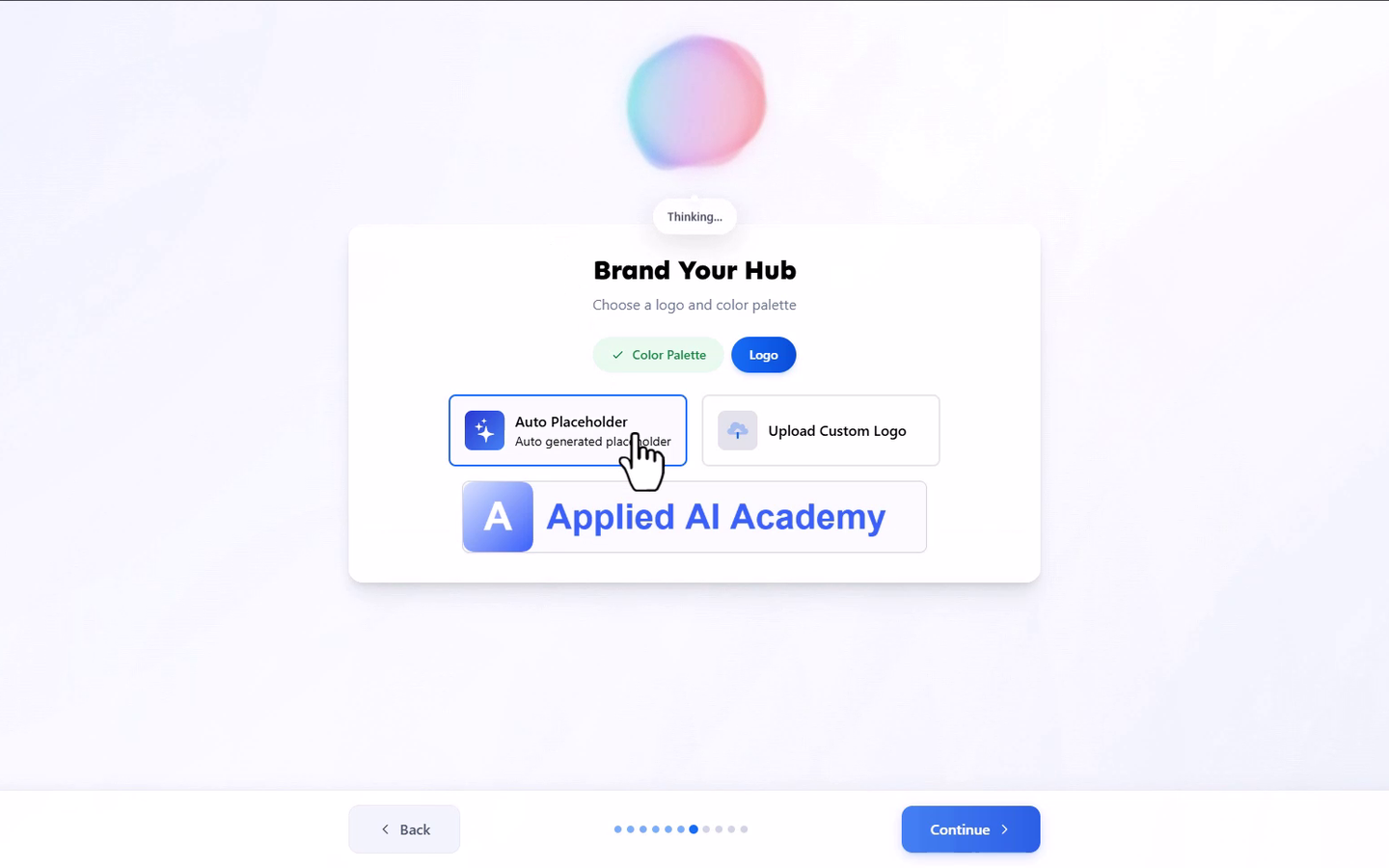 The Brand Your Hub screen, Logo tab, showing the Auto Placeholder and Upload Custom Logo choices